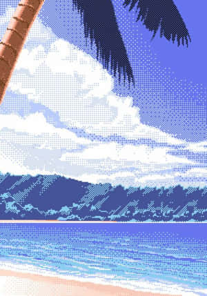 像素藝術海灘，棕櫚樹和海洋波浪在藍天下。