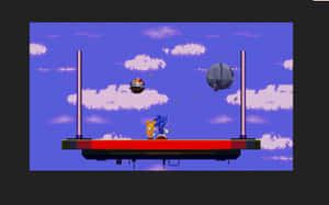 Sonic 和 Tails 在紅色平台上，處於像素化太空場景，有雲朵和船隻。 — 超音鼠 壁紙