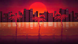 日落時分，棕櫚樹倒映在水中的像素化城市景觀。 — 邁阿密熱火 壁紙