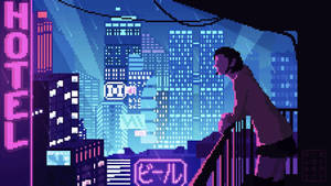 像素藝術人物在陽台上俯瞰夜晚發光的霓虹城市。