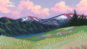 像素化山脈，有雪峰和野花，在粉紅雲朵下。 — 3840x1080 GIF 壁紙