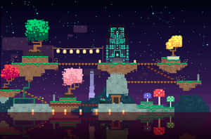 星空下，有發光樹木和城堡的浮島。 — Pixel 9 壁紙