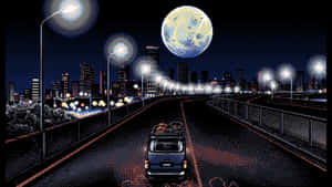 像素化的貨車在夜晚的橋上，月亮閃耀。 — 城市景觀 壁紙