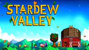 Stardew Valley 遊戲標題，帶有穀倉、動物和山脈在星空下。 — 遊戲 壁紙