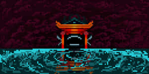 像素化神社淹沒在暴風雨的水中，天空陰暗 — 奇怪 GIF 壁紙