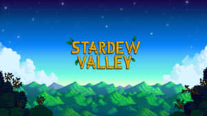 Stardew Valley 遊戲標題在夜晚的綠色山丘上，伴隨著星星 — 遊戲 壁紙