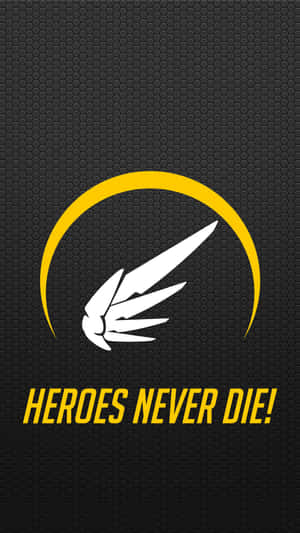一個白色有翼標誌在黃色弧線中，帶有文字 heroes never die，背景為黑色六角形。