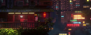 夜晚在霓虹燈閃爍的未來城市屋頂酒吧上的人 — 城市 壁紙