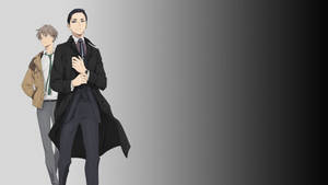 兩個動畫男性角色並排站立，穿著正式和休閒服裝。