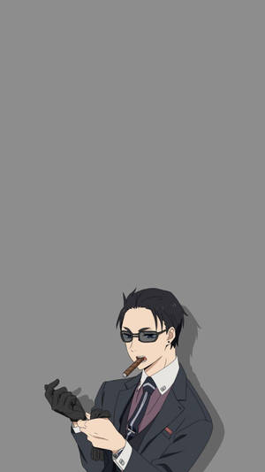 動漫男子穿著西裝和太陽眼鏡在灰色背景前抽雪茄。