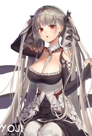 動漫少女穿著黑白女僕裝，銀色頭髮和紅色眼睛。