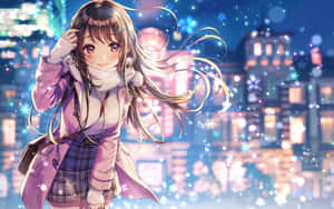 穿著冬季外套的動漫女孩在雪夜的城市中微笑，周圍有閃爍的燈光。 — 可愛動漫女仔 壁紙