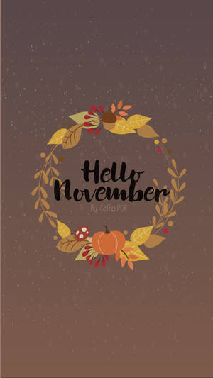 秋季花環，有南瓜和葉子，寫著 Hello November，伴有飄雪。