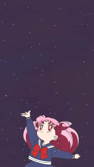 穿著水手服的動漫女孩在紫色夜空中伸手觸摸星星