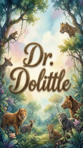 一群動物，包括獅子、鹿和豹，聚集在茂密的森林中，圍繞著標題 Dr Dolittle。