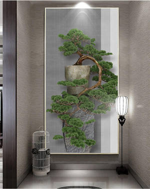 現代走廊，配有裱框盆景藝術品、白色鳥籠和立燈。 — 植物 壁紙