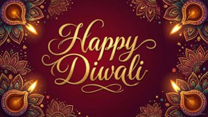 Happy Diwali 祝福語，帶有發光嘅迪亞燈同複雜嘅花卉設計，背景係紅色
