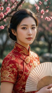 身穿紅色刺繡旗袍的女性在櫻花下拿著米色扇子