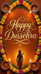 節日 Dussehra 問候，帶有花環、油燈和羅摩勳爵剪影，背景溫暖。