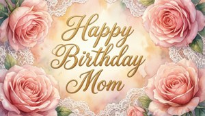 Happy Birthday Mom 賀卡，配有粉紅玫瑰和蕾絲