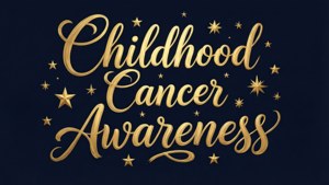 深藍色背景上以金色字體和星星呈現的 Childhood Cancer Awareness