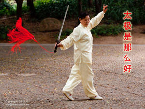 一位長者在公園中用劍和紅色流蘇練習太極拳。