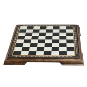 帶有鑲嵌邊框和棋盤格遊戲表面的裝飾性木製國際象棋棋盤。 — 國際象棋 壁紙