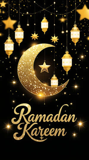 金色新月和燈籠在黑色星空下閃爍，並帶有Ramadan Kareem文字。 — 星星 壁紙