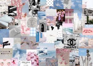 一個色彩繽紛的拼貼畫， featuring Chanel 和 Prada 標誌、粉彩天空、海洋場景和時尚元素。