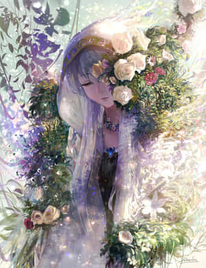 銀色頭髮和花冠的動漫女孩，被發光的花朵和藤蔓環繞。 — 唯美花朵動圖 壁紙