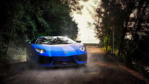 日落時分，藍色林寶堅尼 Aventador SVJ 停泊在森林道路上。 — 汽車 壁紙