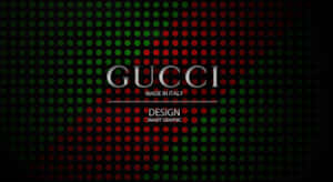Gucci標誌在黑色背景上帶有紅色和綠色圓點。