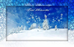 Frohe Weihnachten 祝福語，搭配白雪覆蓋的樹木和飄落的雪花。