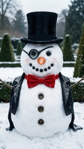 雪人戴著高帽、單片眼鏡、紅色領結和外套在雪地花園