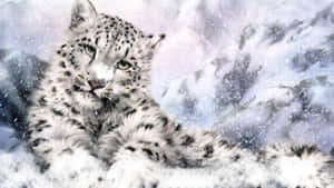 雪豹在雪山中休息，雪花飄落。 — 豹 壁紙