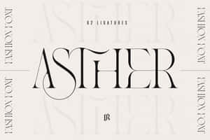 粗體黑色襯線字體 ASTHER 展示於帶紋理的米白色背景上，附有連字範例。 — Surface Laptop 壁紙