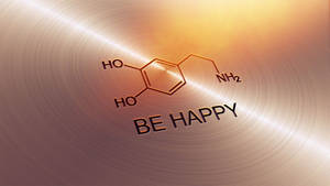 金屬背景上帶有「BE HAPPY」文字的血清素分子