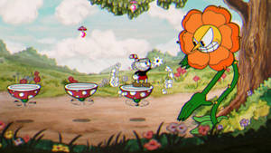 Cuphead 在旋轉的碟子上，面對著草地上的一朵大笑的橙色花。