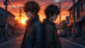 Draken 與 Mikey 背靠背，背景為東京卍會風格的夕陽天空。