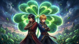 兩位動漫戰士在發光四葉草下背靠背站在魔法田野中。