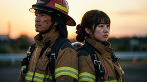 兩名消防員裝備齊全，在日落時分眺望遠方。