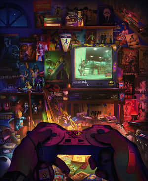 在一個雜亂的遊戲室中，雙手拿著PlayStation手掣，房間裡滿是海報和紀念品。 — 復古 壁紙