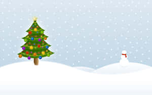 在雪白的冬日風景中，一棵裝飾好的聖誕樹和一個雪人。