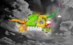 在多雲天空背景下，帶有油漆飛濺和花朵的色彩繽紛3D文字。 — 月色夜空 壁紙