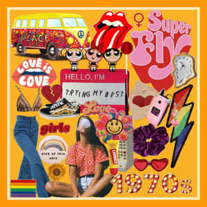 一幅以1970年代為主題的拼貼畫，描繪了一個吹泡泡糖的女孩，周圍環繞著復古圖標和流行文化符號。 — 美學 壁紙