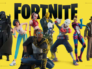 Fortnite遊戲角色穿著色彩繽紛的服裝在黃色背景上擺姿勢。 — 型格 Fortnite 壁紙