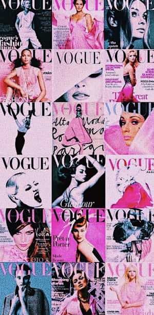 Vogue雜誌封面拼貼畫， featuring 模特兒在粉紅與黑色時尚中。 — Pixel 3 壁紙
