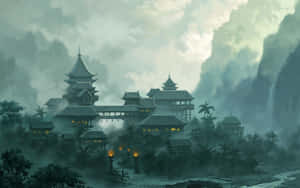 古老寺廟村莊坐落在迷霧山中，有發光的燈籠和瀑布。 — 亞洲 壁紙