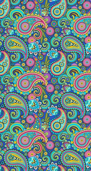 藍色背景上色彩繽紛的佩斯利和花卉圖案壁紙。 — 深紫色美學 GIF 壁紙