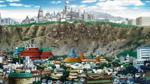 動漫城市，懸崖上有巨型面孔，藍天下有色彩繽紛的建築。 — 火影忍者美學 壁紙